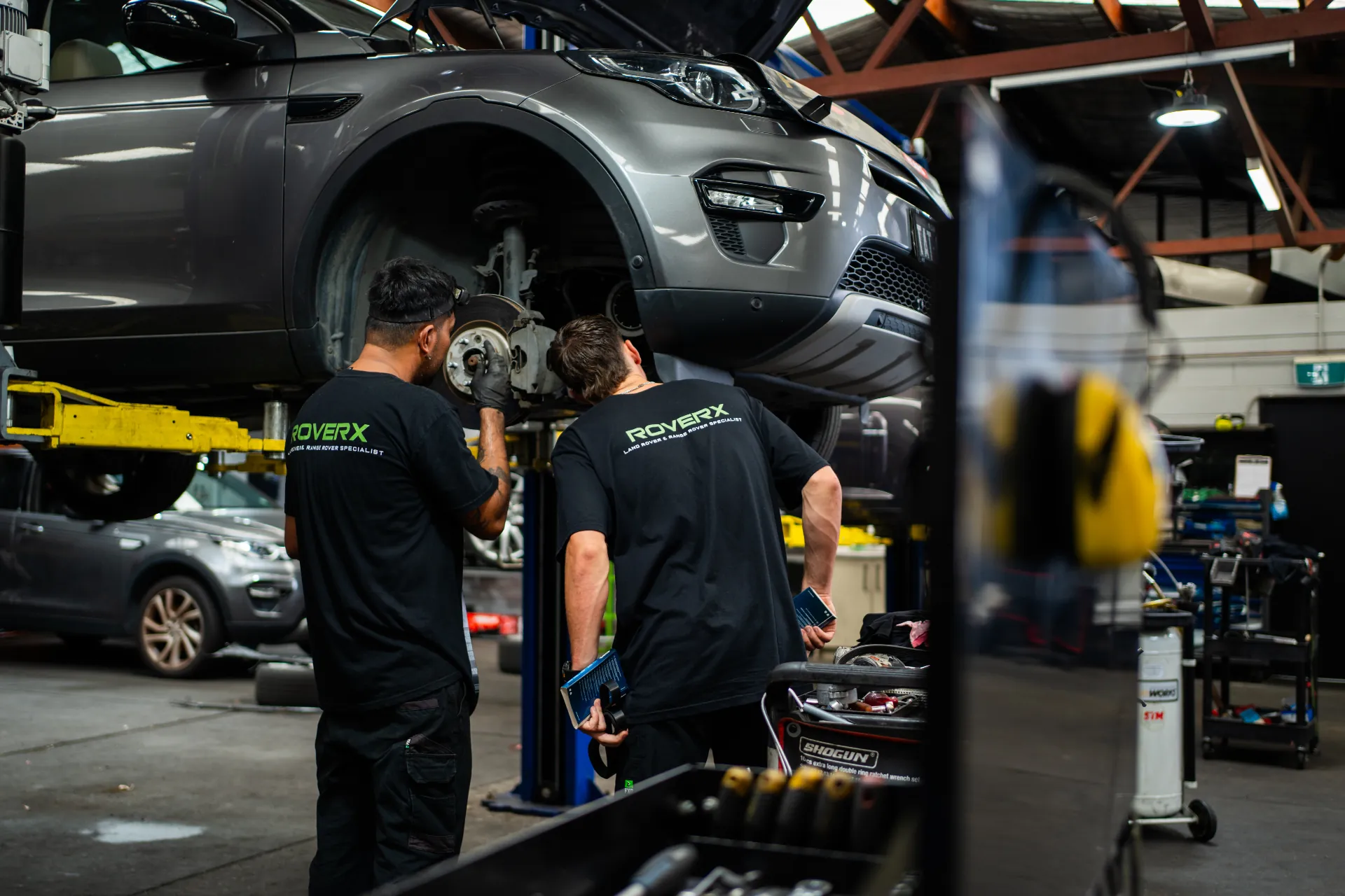 RoverX master technician working on a Range Rover in the Kirrawee workshop