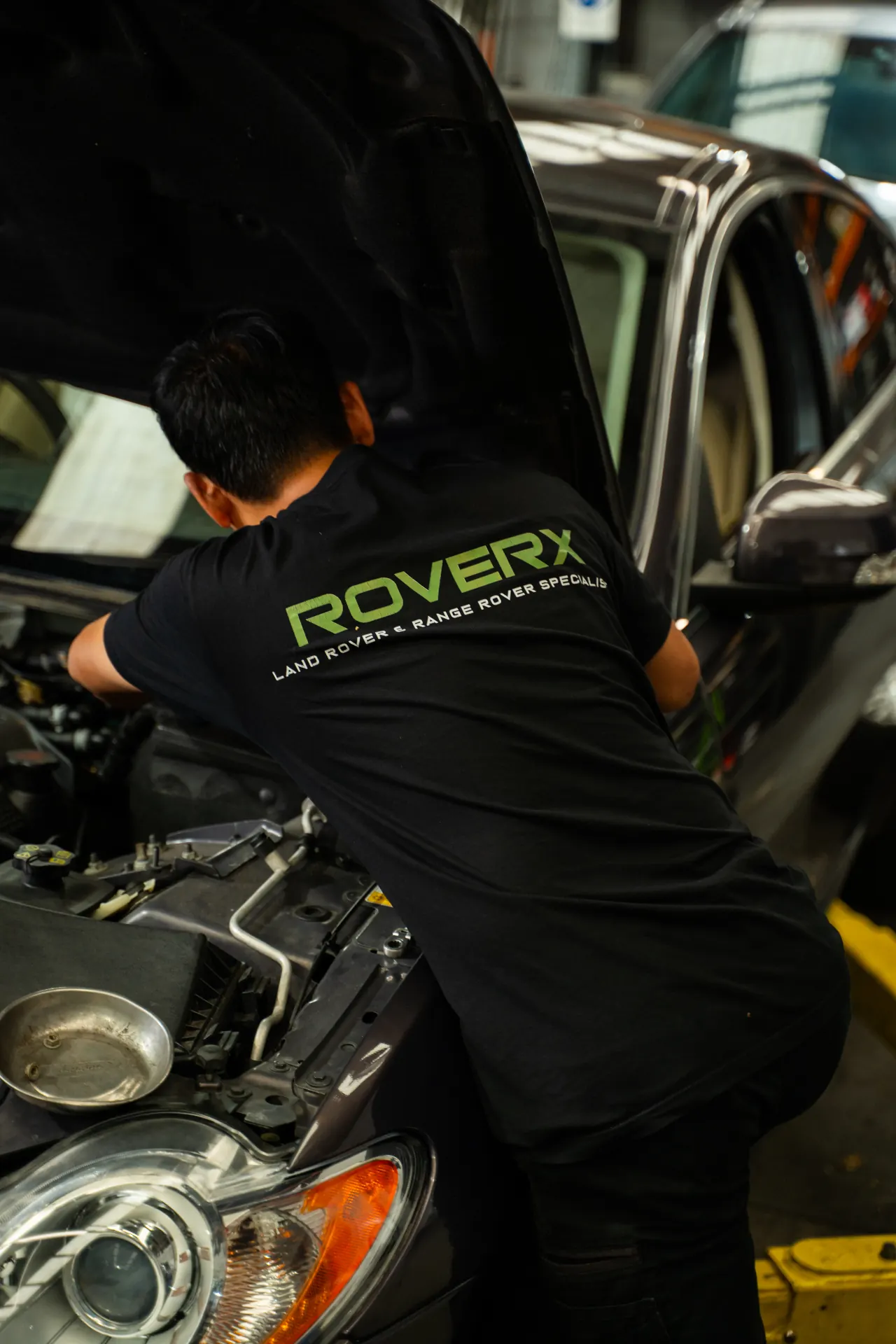 RoverX master technician working on a Jaguar engine in Sydney